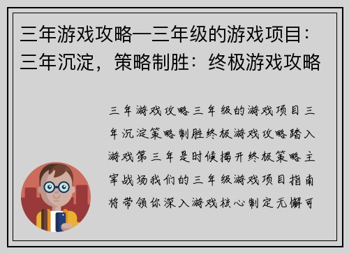 三年游戏攻略—三年级的游戏项目：三年沉淀，策略制胜：终极游戏攻略